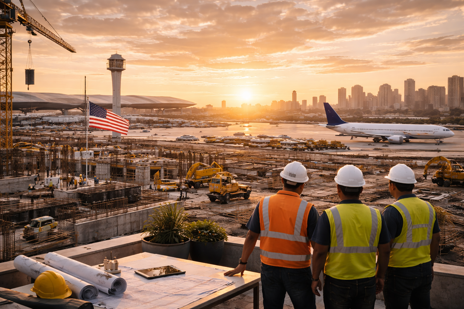 Airport construction site at sunset representing large-scale infrastructure and operational readiness